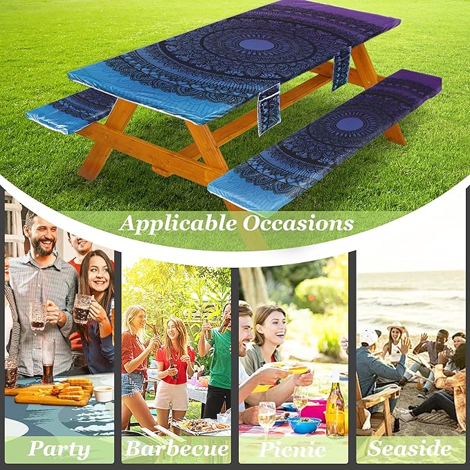 Picnic Table Cover with Bench Covers Vinyl Elastic Edges Fitted Rectangle Seat Tables Waterproof 3-Piece96X30in Set Outdoor Rectangular Folding Backing Tablecloth for Camping Over Size