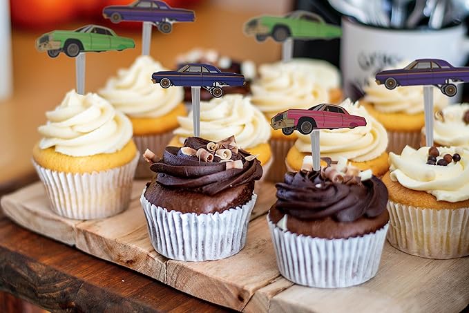 24 PCS Lowrider Cupcake Toppers - Lowrider Party Decorations - Cholo Theme Party - Lowrider Car Birthday Decorations - Pink, Blue, Green, Purple