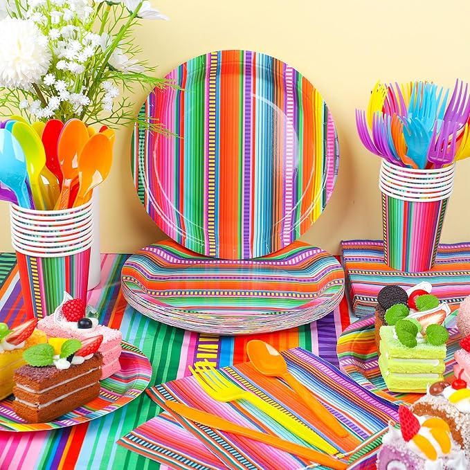 177 PCS Mexican Fiesta Party Supplies Fiesta Tableware Set Mexican Serape Paper Plates Napkins Cups Mexico Stripes Plastic Tablecloth for Cinco De Mayo Mexico Birthday Party