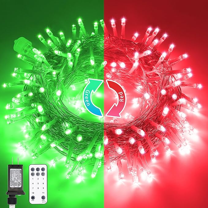 JMEXSUSS 200 LED String Lights Outdoor for Christmas Decor, Red & Green Christmas Lights Clear Wire, 11 Modes Connectable Twinkle String Light Plug in for Garden Home Xmas Decorations