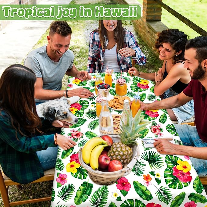 QZYL 4Pcs Luau Party Decorations, 108" X 54" Floral Leaf Tablecloth, Disposable Plastic Luau Party Decorations, Rectangle Tropical Palm Tablecover for Hawaiian Theme Decor Tropical Summer Beach Pool