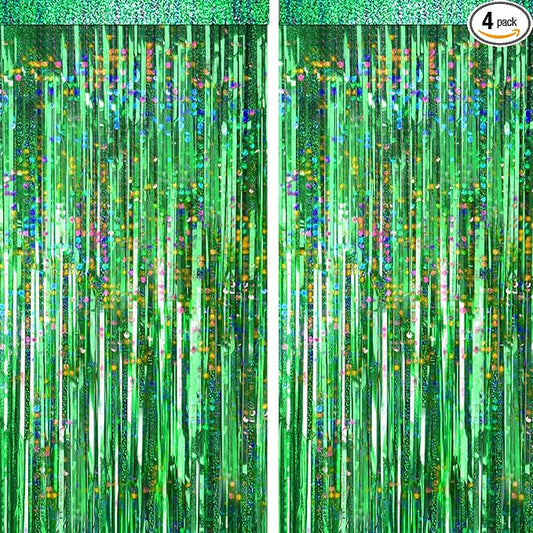 4 Packs Green Foil Fringe Curtain, Green Glitter Metallic Tinsel Backdrop for Birthday, Wedding, Baby Shower, Halloween, Christmas, Hawaiian Luau, Football, Dinosaur Jungle Party Decorations Supplies