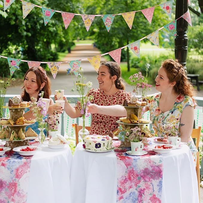 Talking Tables 50pcs Floral Tea Party Decorations for Mother's Day Decorations for 16 Guests, Disposable Tableware Set, Paper Plates, Teacups, Napkins & Bunting for Bridgerton Birthday Decor