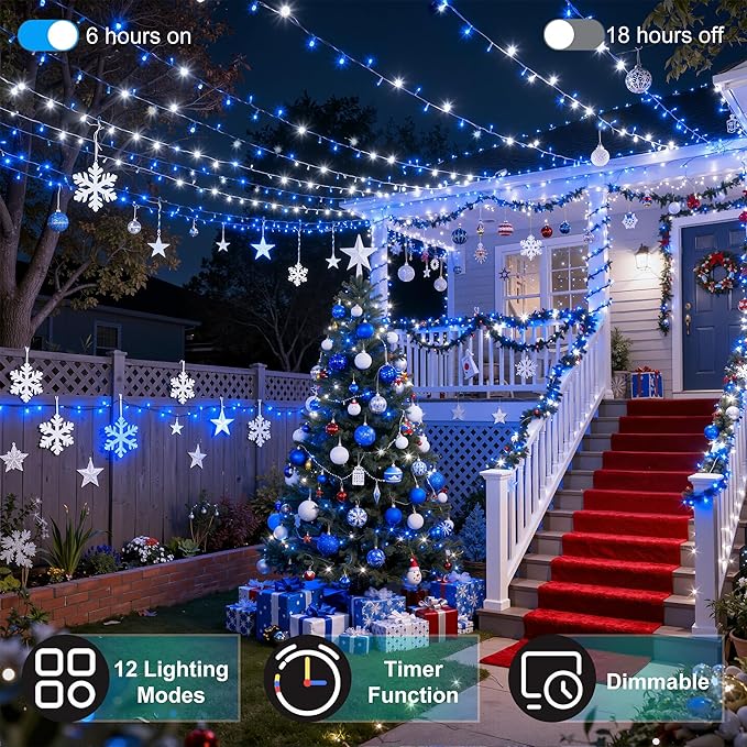 470FT 1500LED Christmas Lights, 12 Modes Blue and Cool White Outdoor String Lights with Timer & Dimmable, Waterproof Green Wire Christmas String Lights for Indoor Tree Xmas Patio Fence Wedding Party