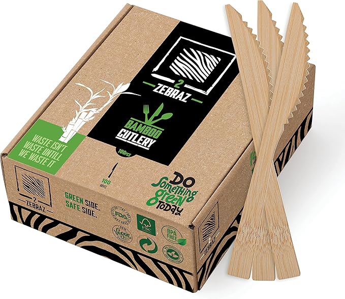 Bamboo Knives 100 Count - Heavy Duty Serrated Disposable Knives Utensils for Parties Catering Weddings BBQ Camping - Natural Flatware - 2ZEBRAZ