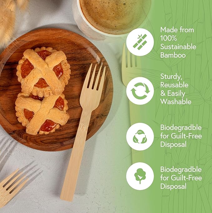 100% Bamboo Forks Set - Compostable Utensils Bulk (3000 Eco Friendly Forks) | Bamboo Cutlery Disposable or Reusable | Compostable FSC Certified Flatware for Weddings, Camping, Parties