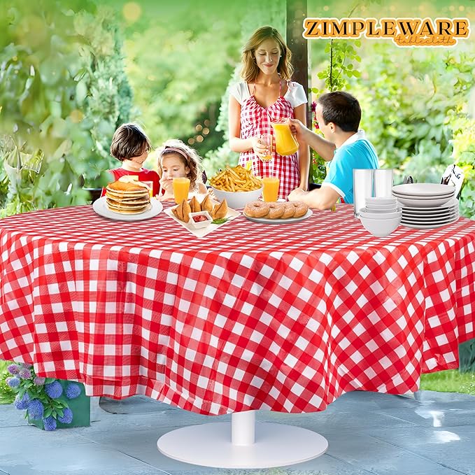 ZIMPLEWARE Premium Red Gingham Checkered Plastic Table Cloth Disposable (12 Pack) Round Tablecloth (84in) Party Table Cloths Disposable, Perfect Table Cloth Round Cover for Any Table Up to 6 Feet