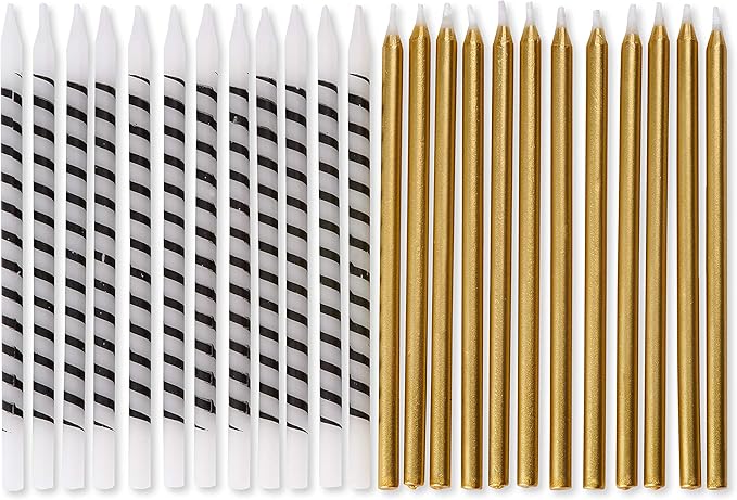 Papyrus Birthday Candles, White and Black Stripe and Gold (24-Count)