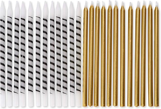 Papyrus Birthday Candles, White and Black Stripe and Gold (24-Count)