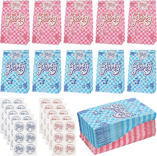 Suwimut 60 Pack Party Gift Bags with Stickers, 5.1 x 3.1 x 8.6 Inches Pink and Blue Birthday Goodie Bags, Small Gift Bag Paper Treat Bag for Girls Boys Kids Birthday Party, Baby Shower, Halloween, Wedding