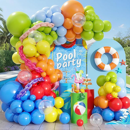 Neon Balloons Arch Garland Kit, 138PCS Rainbow Pool Party Balloon with Red Orange Green Blue Latex Balloons for Kids Luau Hawaii Summer Beach Baby Shower Graduation Birthday Party Decorations Supplies