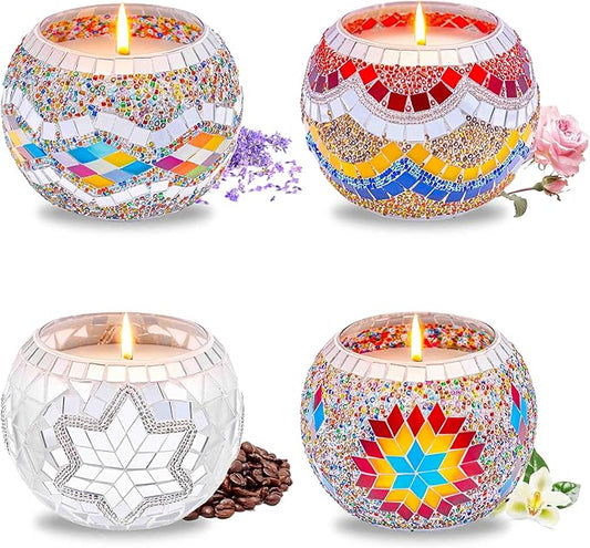 Rancco Handmade Mosaic Glass Tealight Candle Holder Set - 4 Pack with 10.5 oz Long-Lasting Soy Wax Scented Candles - Perfect Aromatherapy Gifts for Women, Moms, Birthdays, Spa Days, and Christmas