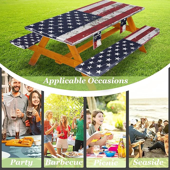 Fitted Picnic Table Cover with Bench Covers Waterproof Elastic Edges Rectangle Patio Tablecloth Outdoor Camping Essentials Stuff Rv Accessories Summer Trip Travel Camper Gifts for Woman Men, 72in 6 ft