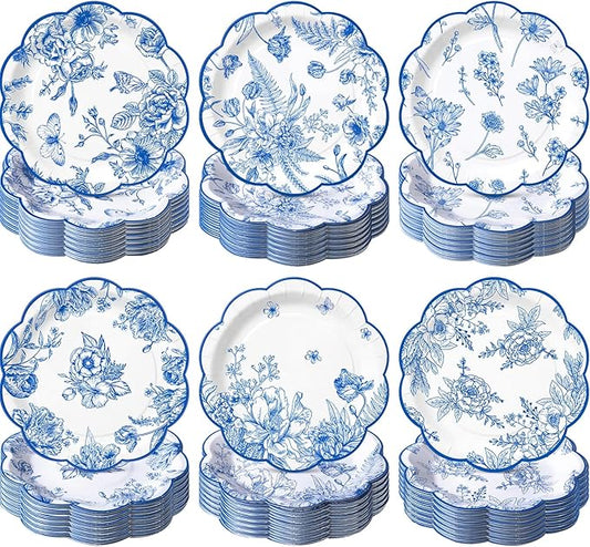 Funnymoom 60 Pcs 7 Inch Blue Floral Plate Blue and White Toile Scalloped Paper Plates for Dessert Disposable Vintage Flower Party Decor Tableware for Spring Wedding Bridal Shower Tea Party Supplies
