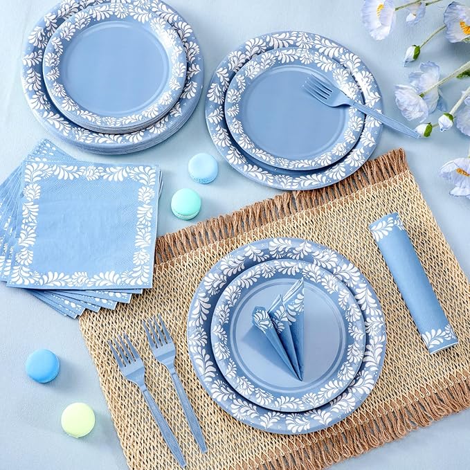 AmazingSpark 122 Pcs Blue Cielito Lindo Baby Shower Decoration Platos De Barro Mexicanos Fiesta Talavera Paper Plates Mexican Napkins Forks Tableware Set for Birthday Weeding Party Supplies, Serve 24
