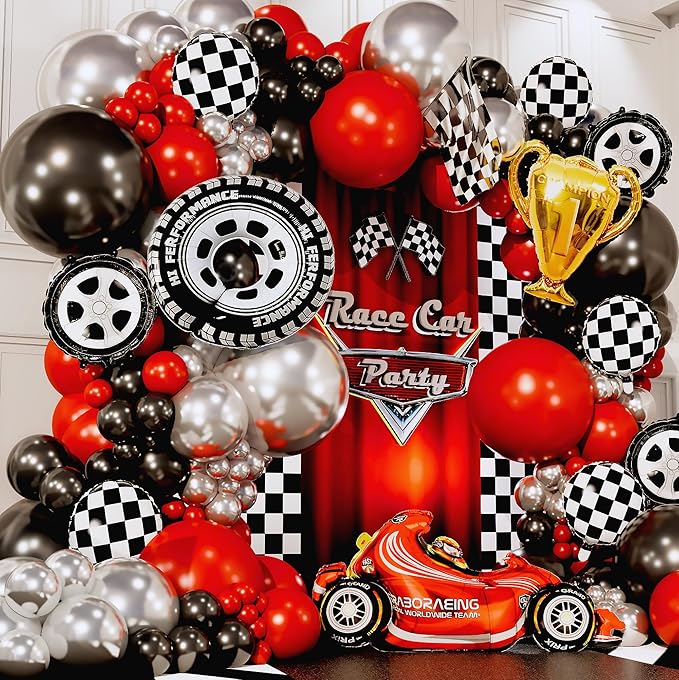 ALL-IN-1 Race Car Balloon Arch Kit with BONUS Trophy & RaceCar - Cars Balloon Garland Kit for Race Car Theme Birthday Party Supplies & Hot Wheels Balloons Race Cars Decorations