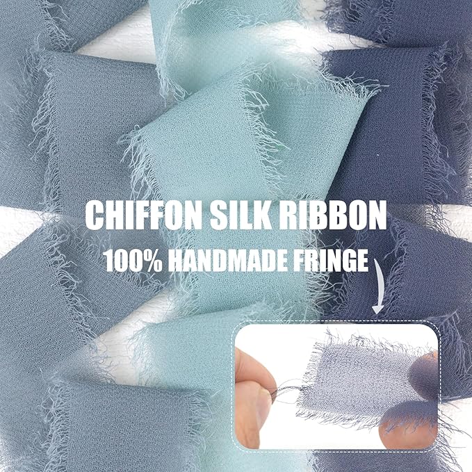 Dusty Blue Chiffon Ribbon 1 Inch x 21Yds Handmade Fringe Chiffon Silk Ribbon Dusty Blue/Slate Blue/Dark Blue Frayed Chiffon Ribbon for Wedding Invitation Flower Bouquets Bridal Shower Gift Wrapping