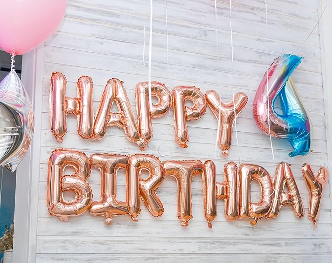Rose Gold Happy Birthday Balloon Banner, 16 Inch Foil Mylar Happy Birthday Balloons Letters, Reusable Happy Birthday Sign, Rose Gold Birthday Decorations for Women and Girls