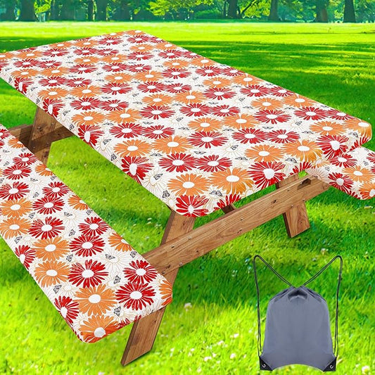 misaya Picnic Table Cover with Bench Cover, Waterproof Elastic Fitted Tablecloth for 6 Foot Tables, Rectangle Washable Polyester Fabric Tablecloths for Picnic, Camping, Outdoor (Red Daisy, 30" x 72")