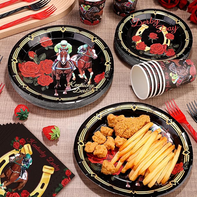 Kochorie 144 Pieces Kentucky Derby Horse Racing Party Tableware Sets Including Disposable Plates Napkins Cups Forks Serves 24 for Derby Day Horse Theme Party Supplies