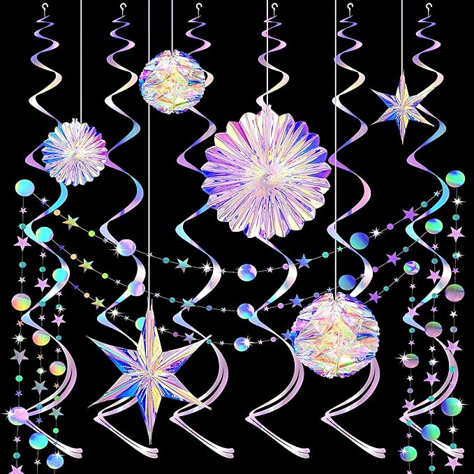 BTSD-home 29 Pcs Iridescent Party Decorations with Hanging Honeycomb Ball Decorative Paper Fan Snowflake Hexagonal Star Garlands Ribbons Birthday Wedding Graduation Bachelorette Disco Party Supplies