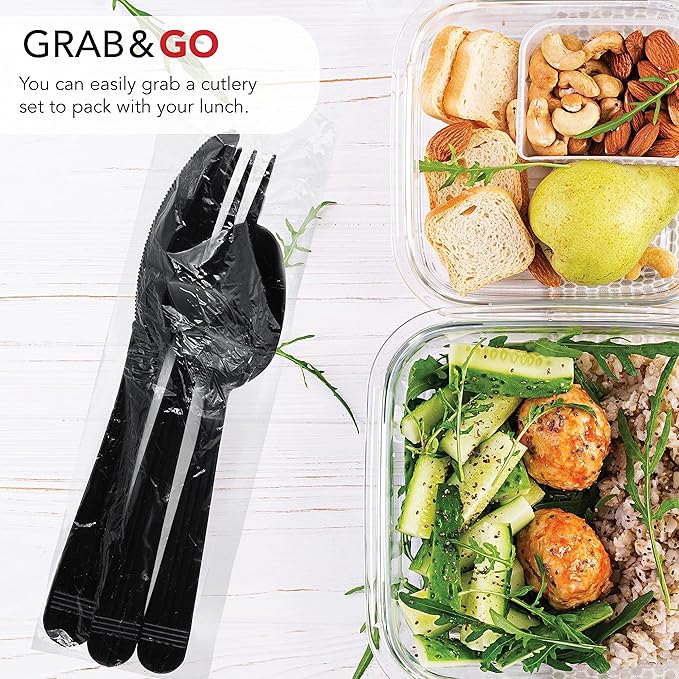 Party Essentials Individually Wrapped Heavy Duty Plastic Utensil Kits, 50 Sets for Party Catering, Fork/Spoon/Knife, Black