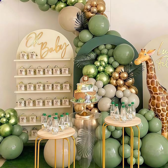 Sage Green and Gold Balloon Arch Garland Kit, Olive Metallic Chrome Green Gold Latex Balloons, Beige Cream Balloons for Wedding Bridal Baby Shower Gender Reveal Birthday Jungle Party Decorations