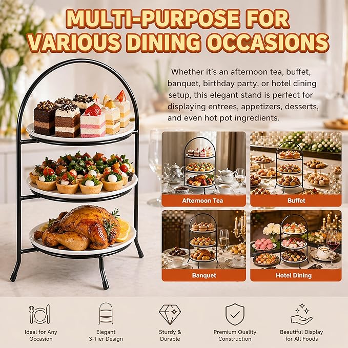 Creative Home Iron Works 3-Tier Metal Dinner Plate Rack Cake Stand Dessert Cupcake Tea Party Serving Platter Stand for Home Gathering Wedding Party, 10.4" L x 12.9" W x 20" H, for 10 Inch Plate Only