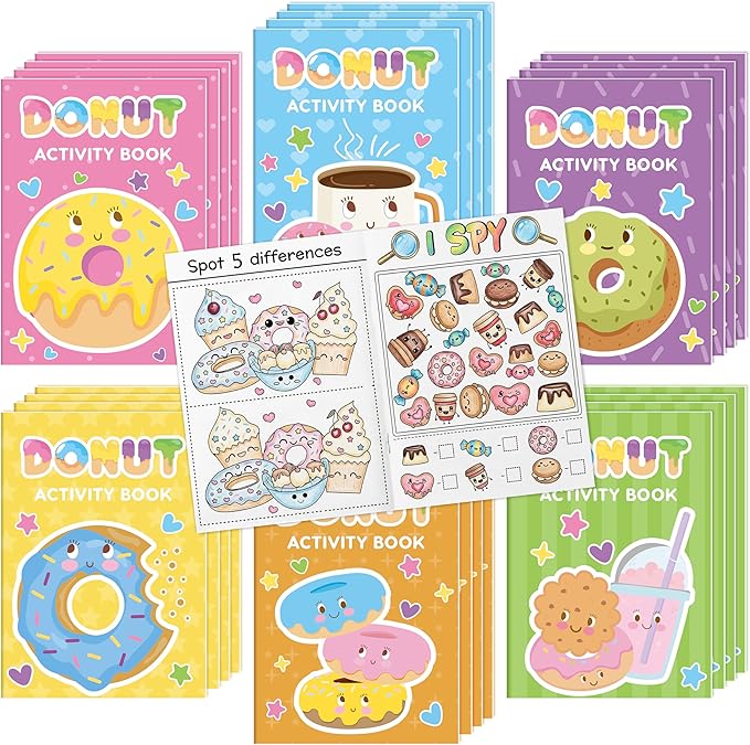 Donut Activity Books for Kids - 24Pcs Cute Doughnut Mini Game Coloring Booklet Bulk Maze Word Scramble Word Search Games for Birthday School DIY Activity Supplies Classroom Reward Goodies Bag Stuffer