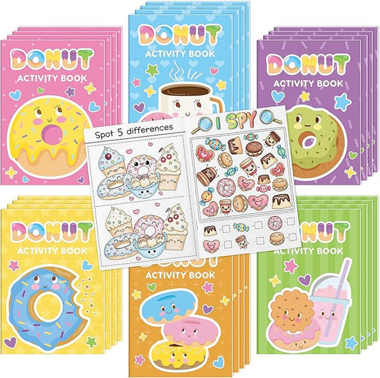 Donut Activity Books for Kids - 24Pcs Cute Doughnut Mini Game Coloring Booklet Bulk Maze Word Scramble Word Search Games for Birthday School DIY Activity Supplies Classroom Reward Goodies Bag Stuffer