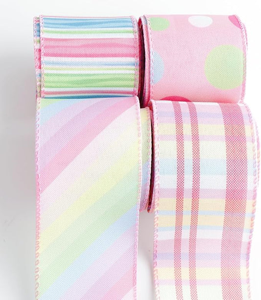 Meseey 4 Rolls Pastel Wired Ribbon, 2.5 Inch x 5 Yards Polka Dot/Plaid/Striped Ribbons for Easter Wreaths, Gift Wrapping,Baskets, Crafts, Spring Party Decorations
