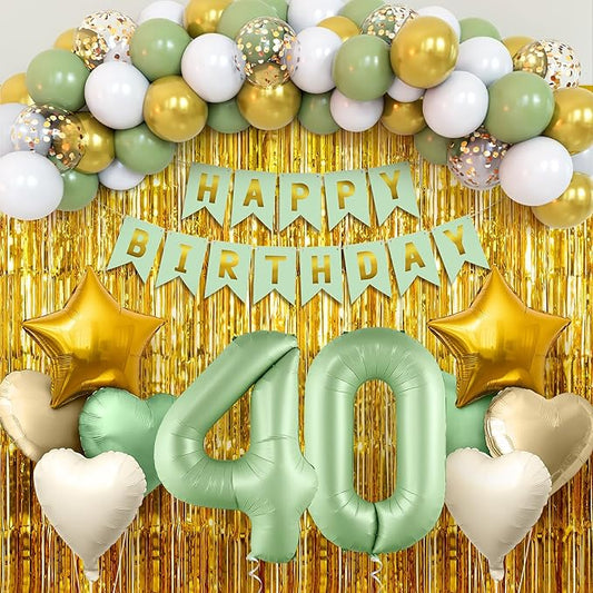 KatchOn, Sage Green 40th Birthday Decorations Set – Pack of 49 | Sage Green 40 Balloon Number | Star, Heart & Confetti Balloons, Gold Foil Fringe Backdrop | 40th Birthday Decorations for Women, Men