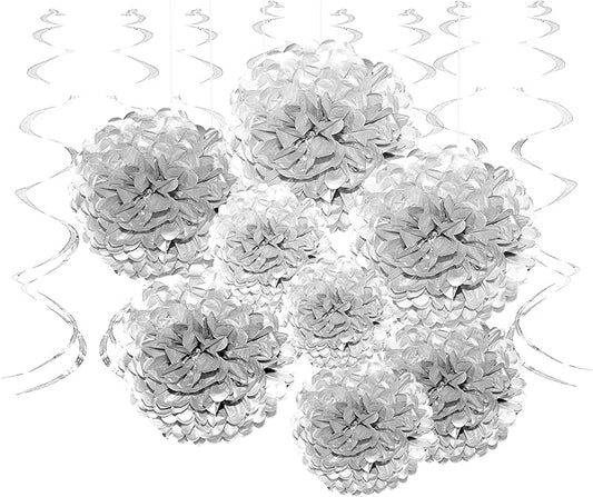 Silver Wonderland Birthday Party Hanging Decorations - Frozen 1st Birthday Baby Shower Wedding New Years Christmas Party Foil Swirls Tissue Paper Pom Poms Flowers Garlands Party Decorations, 20Ct