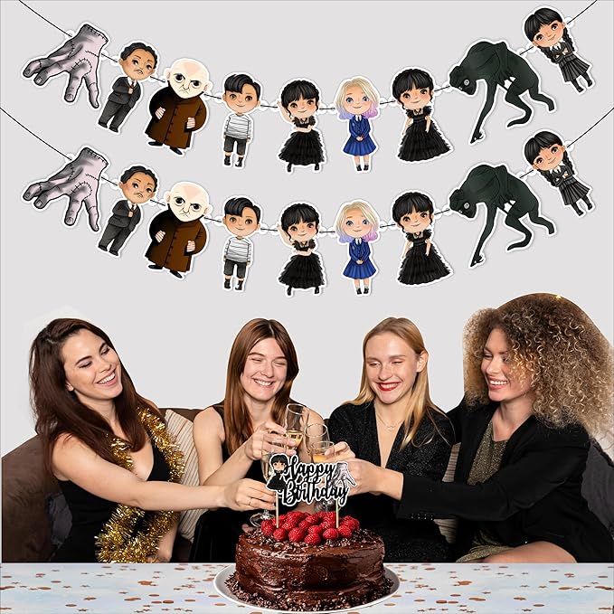 Wednsday Garland Decoration – Themed Party Banner for Birthday Celebrations, Themed Gatherings, Decorative Garland for Dessert Tables, Room Décor, Photo Displays, and Special Events
