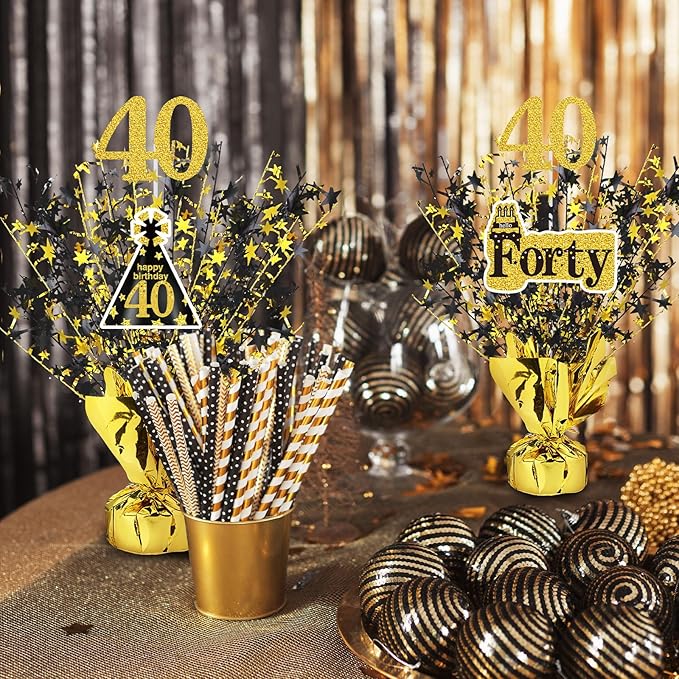 Tatuo 4 Pcs Metallic Foil Spray Centerpiece Happy 30th 40th 50th 60th Years Centerpiece Table Decorations for Black and Gold Birthday Anniversary Wedding Party Table Decor(40th Birthday)
