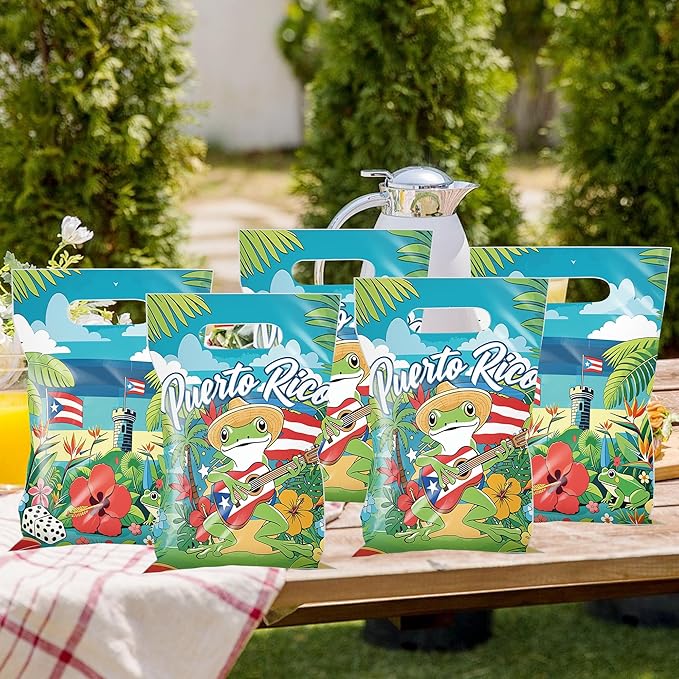 MOIZYNG 50Pcs Puerto Rico Gift Bags with Handles, Tropical Puerto Rican Flag Coqui Frog Plastic Candy Treat Goodie Bags for Birthday Patriotic Festival Party Supplies