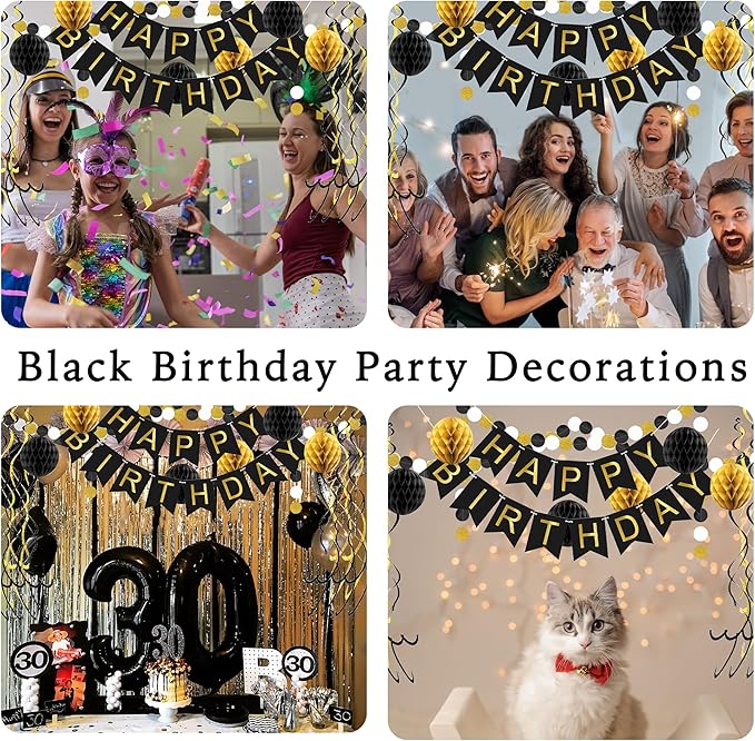 Black Birthday Decorations, Happy Birthday Banner Black Gold Birthday, Black Birthday Supplies Birthday for Men Boys