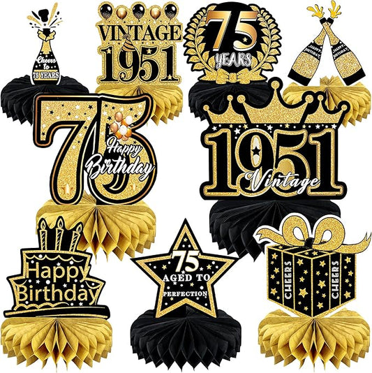 9 Pcs 75th Birthday Decoration 75 Birthday Party Decorations for Men Women 75 Years Birthday Tables Decorations Cheers to 1950 Centerpieces Honeycomb Black and Gold 75th Birthday Party Favors