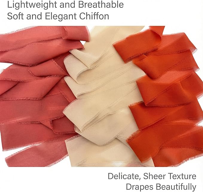 Frayed Edge Chiffon Ribbon 3 Pack, 1.5 Inch Wide Polyester Chiffon Ribbon, 21 Yards Total in Dried Plum, Khaki and Tangerine for Fall Wedding Decor, Bouquet Wrapping and Gift Presentation