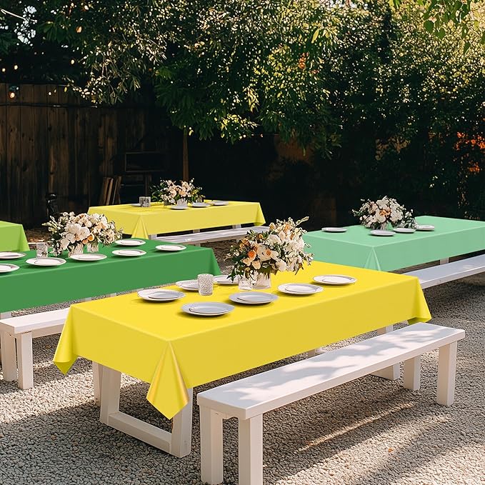 6 Pieces Green & Gold Series Rectangle Tablecloth, 54x72" Solid Color Waterproof & Spillproof Disposable Plastic Table Cover, Durable Party Tablecloth for Dining, Buffet, Picnic, Outdoor Events