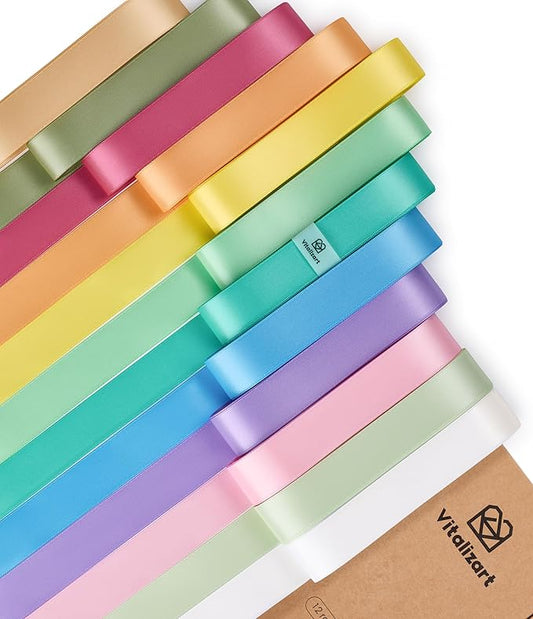 Vitalizart Ribbon for Crafts 1" x 36Yd Pastel Satin Ribbon Continuous Double Face Gift Wrapping Silk Like Fabric Flower Bouquet Birthday Party Decorations Bridal Shower Wreath Hair 12 Assorted Color