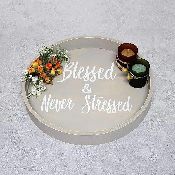 Elegant Designs HG2013-GYS Decorative 13.75'' Round Wood Serving Tray w/Handles, Blessed & Never Stressed, Gray