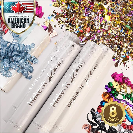 PrimePure Confetti Cannon Party Poppers - Metallic Foil Multicolor Confetti Poppers & Streamers - 8 Pack - Party Cannon Glitter Bomb Pop Gun for Birthday, Graduation, Celebration, Pranks