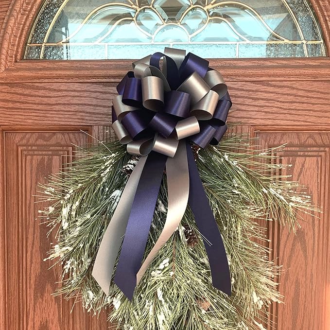 Navy Blue & Silver Decorative Pull Bows - 8" Wide, Set of 6, Police Support, Christmas, Hanukkah, Wedding Ribbons, Father's Day, School Dance, Boxing Day