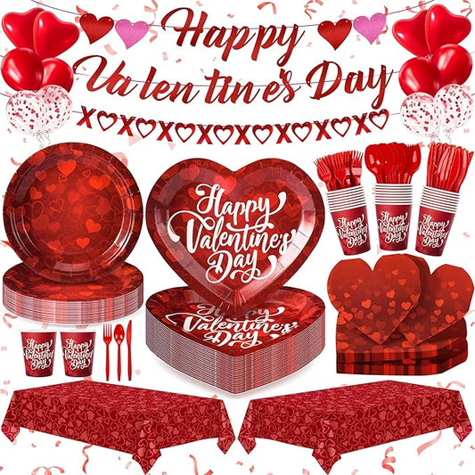 183PCS Happy Valentine's Day Party Supplies,Red Love Heart Disposable Paper Plate Napkin Cup Cutlery for 24 Guest,Banner Tablecloth Balloons for Galentines Anniversary Bridal Wedding Engagement Decor