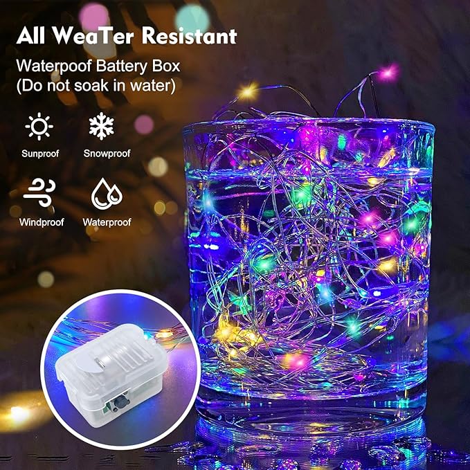 pozzolanas 50 Pack Multi-Colored Fairy Lights Battery Operated 3 Modes 7FT 20 LED Waterproof String Lights Twinkle Silver Wire for Mason Jars Wedding Christmas Halloween Decor (50, Multi-Colored)