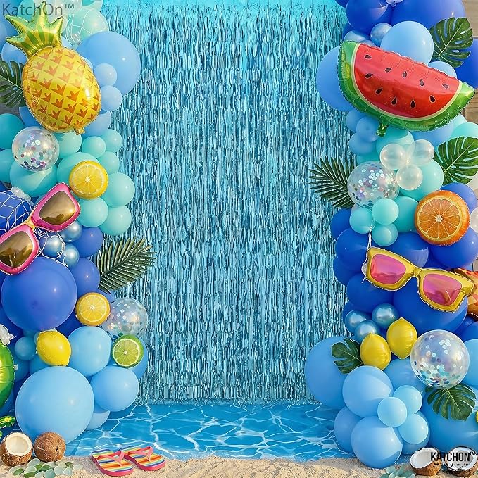 Katchon, Xtralarge Wavy Blue Foil Fringe Curtain - Pack of 2 | Blue Streamers for Under The Sea Party Decorations | Foil Fringe Backdrop for Birthday, Cruise Door Decorations, Pool Party Decorations