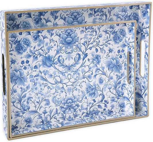 Serving Tray with Handles, 2 Pack Rectangular Plastic Tray 15.75x11.81 Inch, Blue and White Peony Chinese Porcelain Style Decorative Tray for Kitchen, Dining Table, Vanity, Office & Home