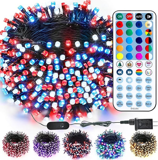 BrizLabs RGB + Warm White Christmas Lights, 98.5FT 300 LED Color Changing Red White Blue Patriotic String Lights with Remote, Dimmable Mini Light for Indoor Outdoor 4th of July Halloween Tree Decor