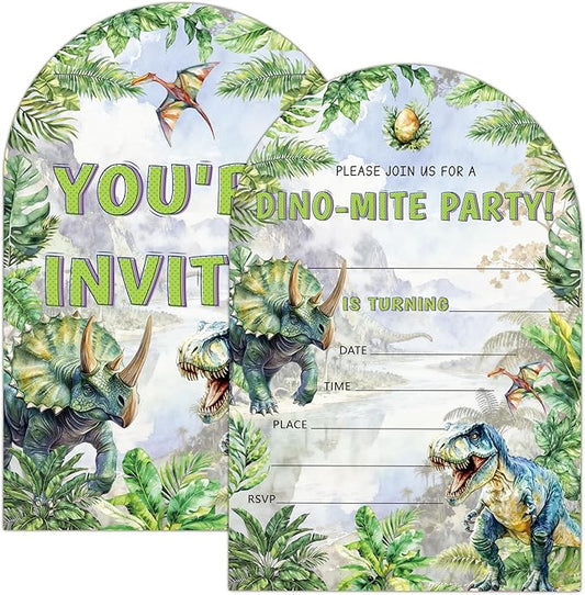 Dinosaur Birthday Party Invitations, T-Rex Theme Birthday Invitations for Boys, Please Join Us For A Dino-Mite Party, 20 Fill-In Dinosaur Party Decorations Supplies (arch)